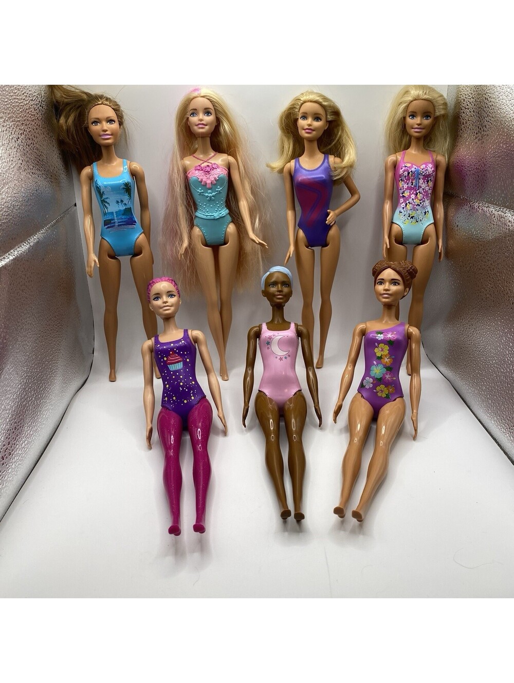 Barbie Swimsuit Lot: 7 Barbie Dolls, Variety Of Hair, Skin, & Suit Colors BBL14
